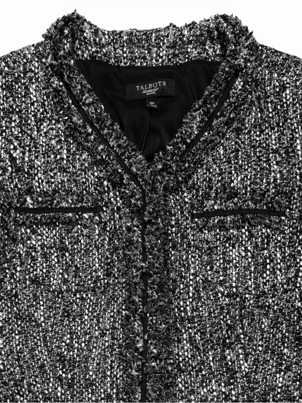 Talbots Petite Tweed Jacket Blazer Black White Fringe Trim Size 10P - Picture 2 of 7